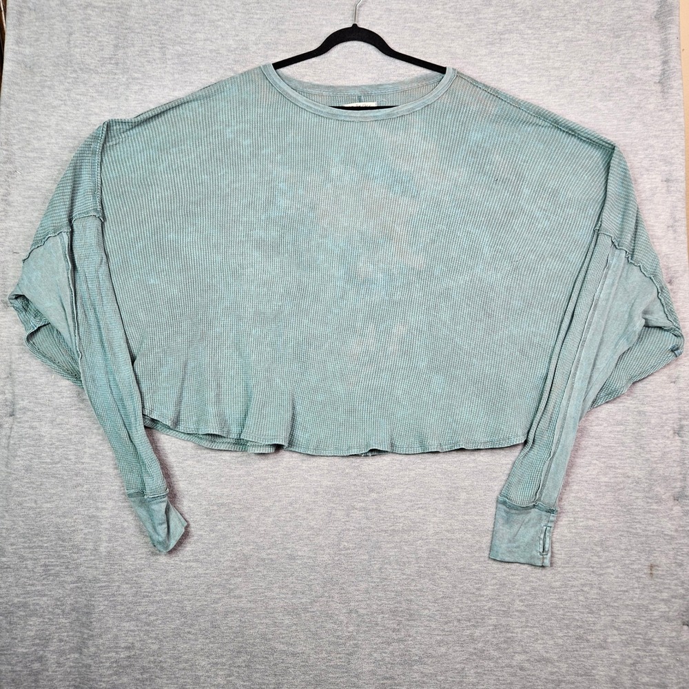 We The Free Free People Sage Green Waffle Knit Thermal Cropped Top Oversize L